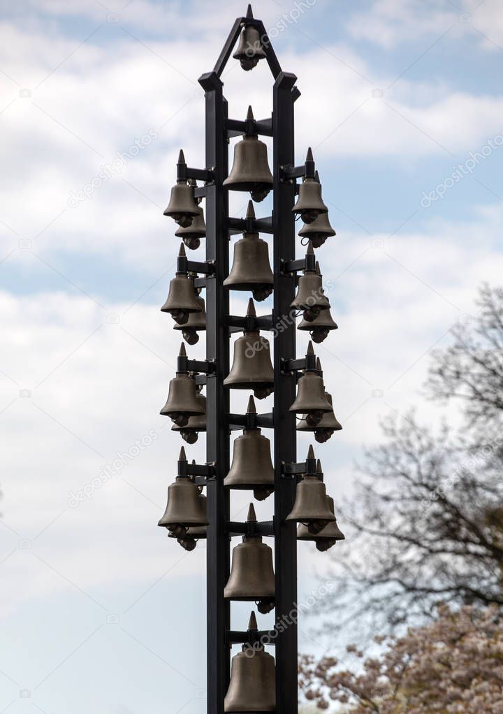 Lisse Netherlands - April 19, 2017: Modern sculpture of Bells  in Keukenhof garden, Holland, Netherlands.