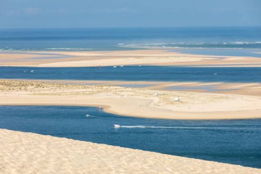 Avrupa 'nın en uzun kum tepeciği olan Pilat Kumulundan bir görüntü. La Teste-de-Buch, Arcachon Körfezi, Aquitaine, Fransa 