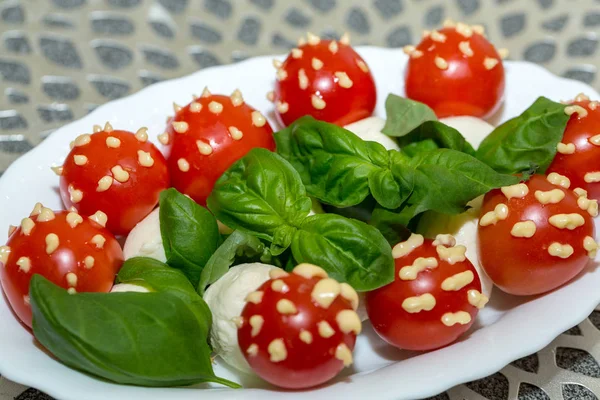 Cocktail Tomatoes Mayonnaise Basil Mozarella White Plate — Stock Photo, Image