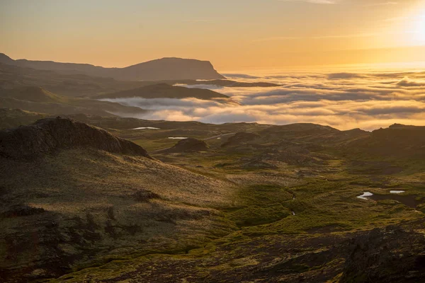 Dreamy Misty Landscape Sea Clouds Mountains Sunset Iceland Stock Image