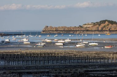 Cancale 'in ünlü istiridye üretim kasabası Brittany, Fransa' da sahilde karada kayıklar.,
