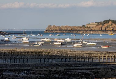 Cancale 'in ünlü istiridye üretim kasabası Brittany, Fransa' da sahilde karada kayıklar.,