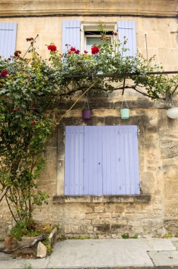 Provence mavi panjurlar ile bir ev duvara tırmanma bir gül