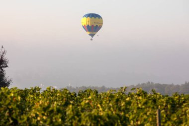 Saint Emilion, Fransa - 10 Eylül 2018: sabah Saint Emilion yakınlarındaki üzüm bağları üzerinde uçan hava balonu. Gironde, Fransa