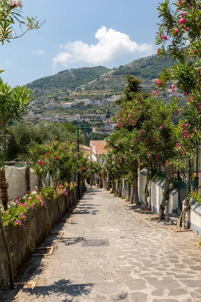 Ravello Italia Junio 2017 Una Estrecha Calle Empinada Con Adelfas — Foto de Stock