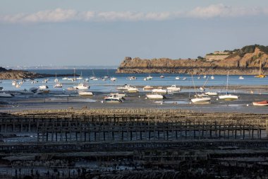 Cancale 'in ünlü istiridye üretim kasabası Brittany, Fransa' da sahilde karada kayıklar.,