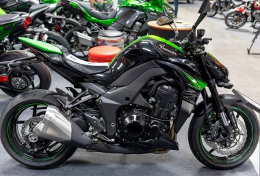  Cracow, Poland - May 18, 2019: Kawasaki motorcycle displayed at Moto Show in Krakow. Poland. Exhibitors present  most interesting aspects of the automotive industry clipart