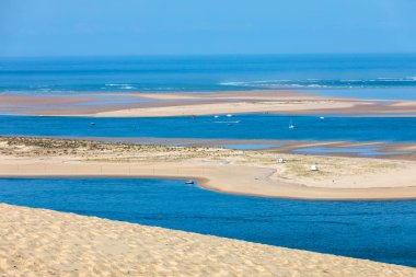 Avrupa 'nın en uzun kum tepeciği olan Pilat Kumulundan bir görüntü. La Teste-de-Buch, Arcachon Körfezi, Aquitaine, Fransa 