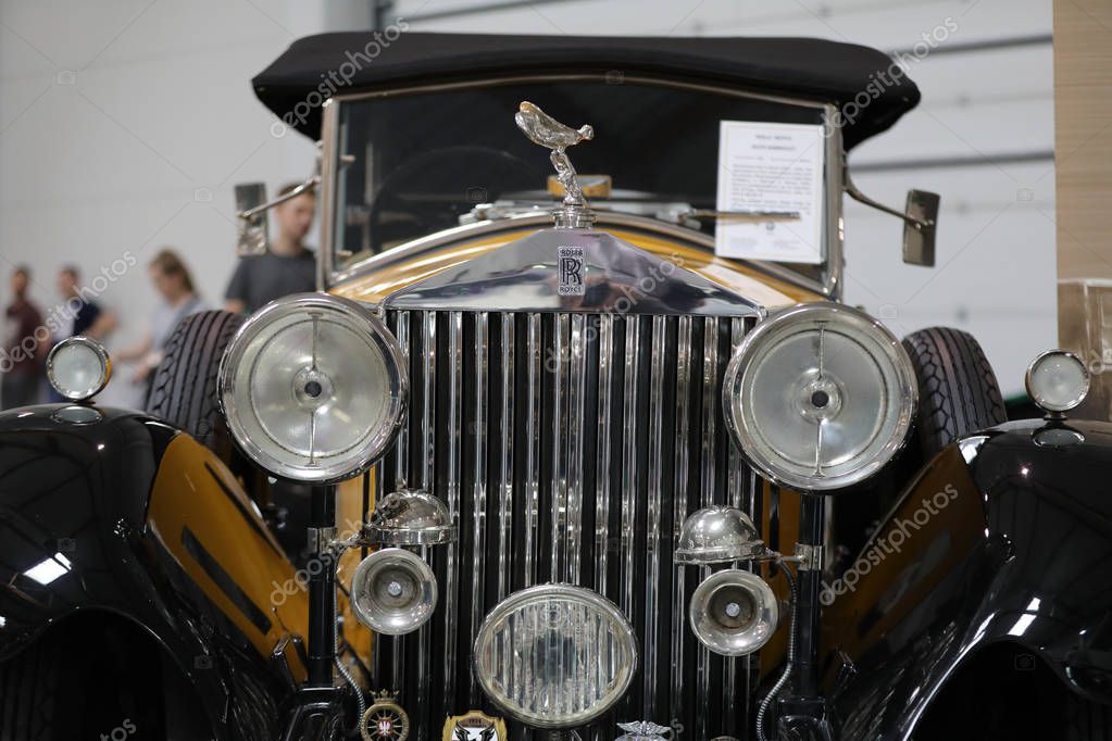 Cracow, Poland - May 18, 2019: Rolls-Royce Convertible at Moto Show in Krakow. Produced in 1929-36. Perhaps the only such car in the world. Manufactured in England as a limousine converted at the Rolls-Royce plant in Australia for a convertible
