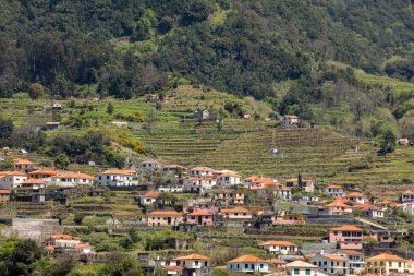  Sao Vicente 'nin çevresindeki köy ve teras ekimi. Madeira Adası, Portekiz 'in kuzey kıyısı.