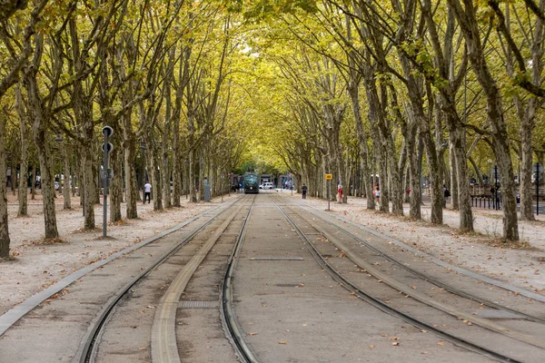Bordeaux, Fransa - 9 Eylül 2018: Fransa 'nın Bordeaux şehrindeki modern tramvay şehrin merkezinde bulunan Allees de Münih' ten geçiyor. Gironde, Fransa
