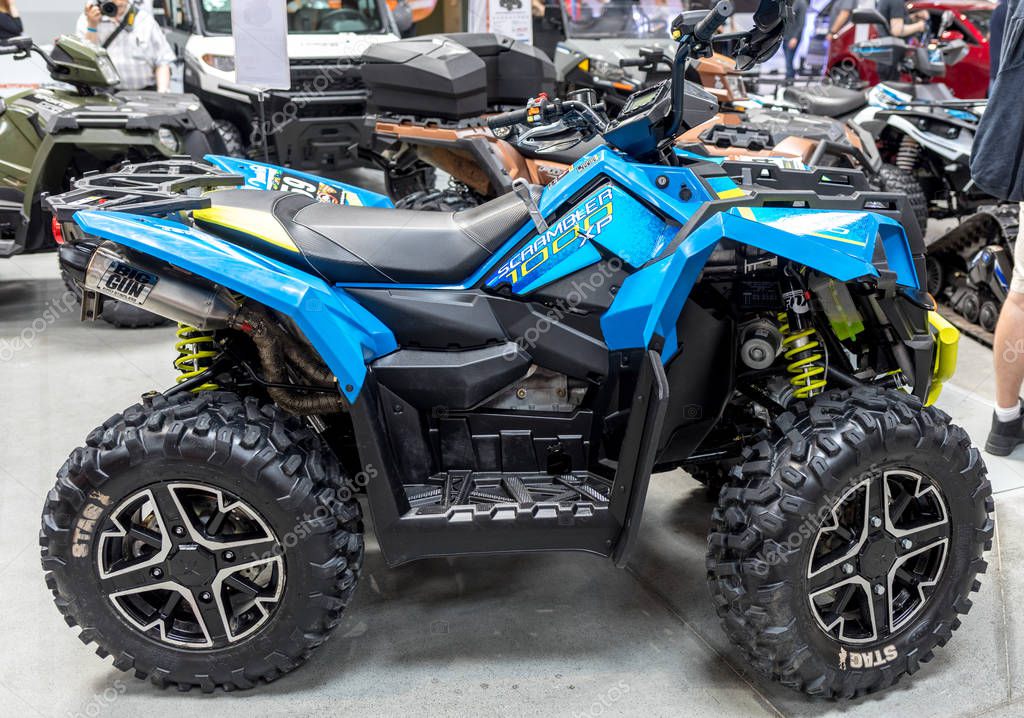 Cracow, Poland - May 18, 2019: Polaris quad displayed at  Moto Show in Cracow Poland. Exhibitors present  most interesting aspects of the automotive industry
