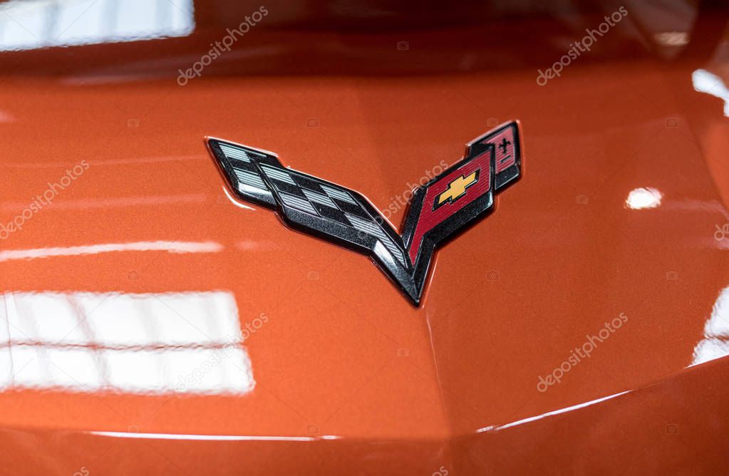 Cracow, Poland - May 18, 2019: Chevrolet Corvette metalic logo closeup on the car displayed at Moto Show in Cracow Poland. Exhibitors present  most interesting aspects of the automotive industry