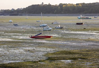 Cancale 'in ünlü istiridye üretim kasabası Brittany, Fransa' da sahilde karada kayıklar.,