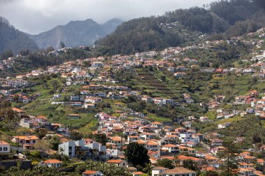 Madeira adasındaki Funchal 'ın dik yamaçlarında tipik teras mimarisi. Portekiz