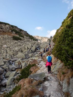 Vysoke Tatry, Slovakya - 10 Ekim 2018: Great Cold Valley, Vysoke Tatry (High Tatras), Slovakya 'da yürüyüş yapanlar. Büyük Soğuk Vadi 7 km uzunluğundadır ve turistler için çok çekicidir.