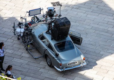 Matera, Italy - September 15, 2019: Bond 25, Aston Martin DB5 equipped with all equipment for shooting chase scenes from the movie 