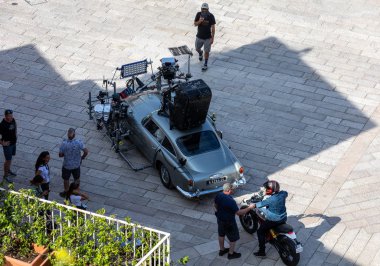 Matera, Italy - September 15, 2019: Bond 25, Aston Martin DB5 equipped with all equipment for shooting chase scenes from the movie 