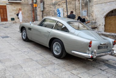 Matera, Italy - September 17, 2019: the Aston Martin DB5 used on the set of the latest James Bond movie 'No time to die' in Matera,  Italy.