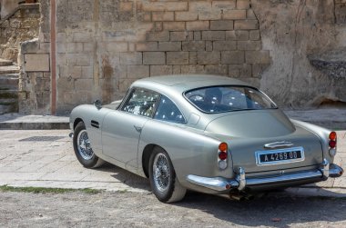 Matera, Italy - September 15, 2019: the Aston Martin DB5 used on the set of the latest James Bond movie 'No time to die' in Matera,  Italy.