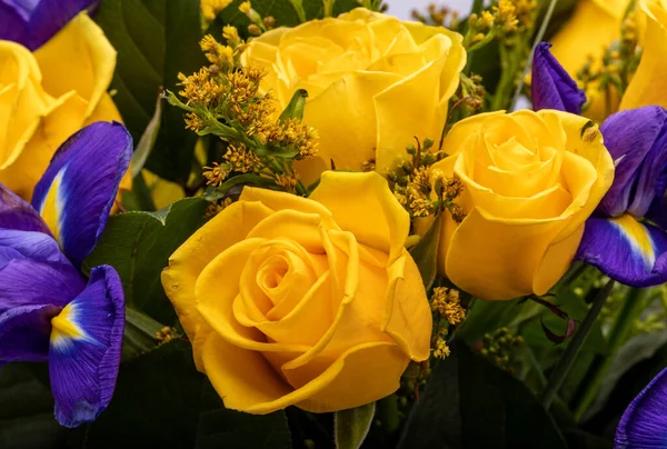 Beautiful Floristic Bouquet Blue Irises Yellow Roses — Stock Photo, Image