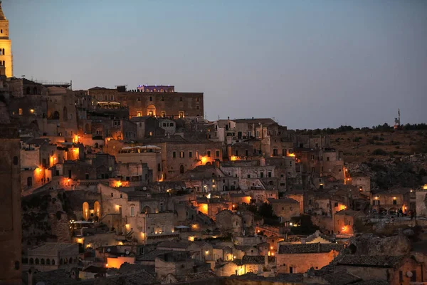 Superbes Bâtiments Éclairés Dans Ancien Quartier Sassi Nuit Matera Bien — Photo