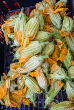 İtalya 'da bir çiftçi pazarında taze kabak çiçekleri.