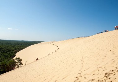 Pilat Kum tepesi, Fransa - 10 Eylül 2018: Avrupa 'nın en uzun kum tepesi olan Pilat Kum tepesinde yürüyen insanlar. La Teste-de-Buch, Arcachon Körfezi, Aquitaine, Fransa 