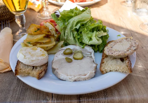 Foie Gras Białym Talerzu Roque Gageac Dordogne Francja — Zdjęcie stockowe