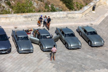Matera, Italy - September 15, 2019: Bond 25, Aston Martin DB5 cars prepared to shoot chase scenes from the movie 
