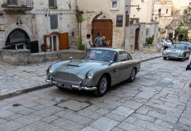 Matera, Italy - September 17, 2019: the Aston Martin DB5 used on the set of the latest James Bond movie 'No time to die' in Matera,  Italy.