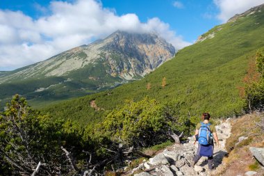 Vysoke Tatry, Slovakya - 10 Ekim 2018: Great Cold Valley, Vysoke Tatry (High Tatras), Slovakya 'da yürüyüş yapanlar. Büyük Soğuk Vadi 7 km uzunluğundadır ve turistler için çok çekicidir.