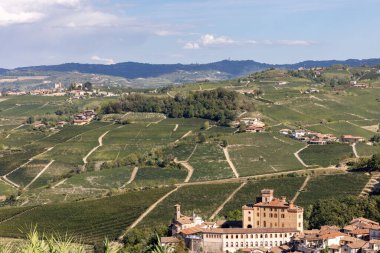 The town of Barolo, with the Falletti castle, surrounded by vineyards in Langhe region. Piedmont, Italy