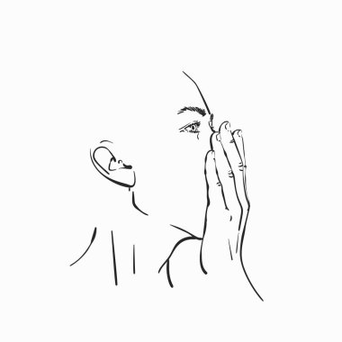 Ağzını eliyle kapatan genç kadının çizgisel çizimi, profil portresi, vektör el çizimi.