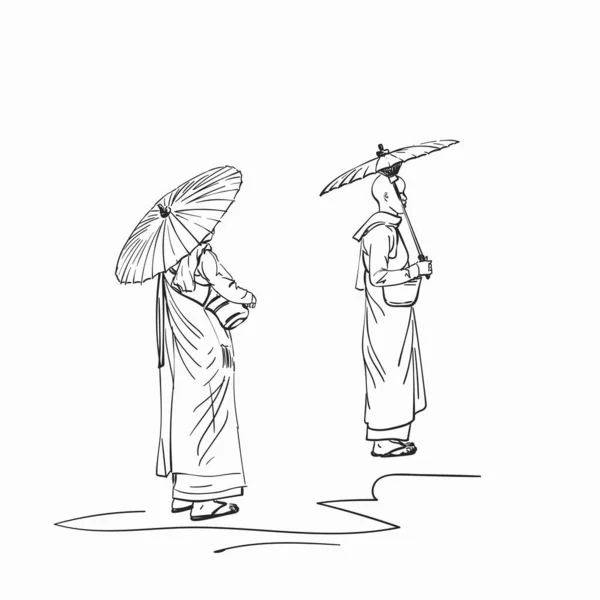 Croquis Nonnes Bouddhistes Birmanes Avec Parasols Illustration Vectorielle Dessinée Main — Image vectorielle