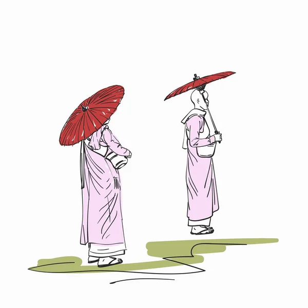 Эскиз Бирманских Буддийских Монахинь Красными Зонтиками Векторная Иллюстрация Ручной Работы — стоковый вектор