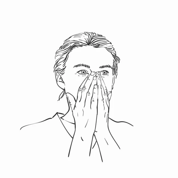 若い女性は彼女の手で彼女の口と鼻をカバー ベクトルの肖像画のスケッチ 手描きリニアイラスト — ストックベクタ