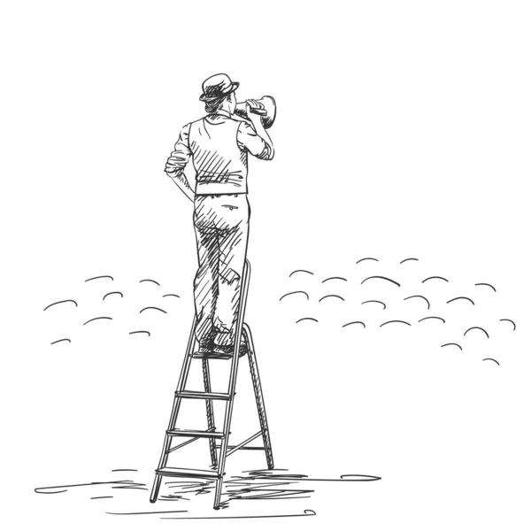 男性でボウラー帽子メガホンを介して話している間 脚立の上に立って ベクトルスケッチ手描きイラスト — ストックベクタ