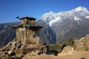 Kara kuş Himalaya dağlarındaki eski Budist stupadan uçmaya başladı, Sagarmatha ulusal parkı, Khumbu vadisi, Nepal. Arka planda Kongde Dağı