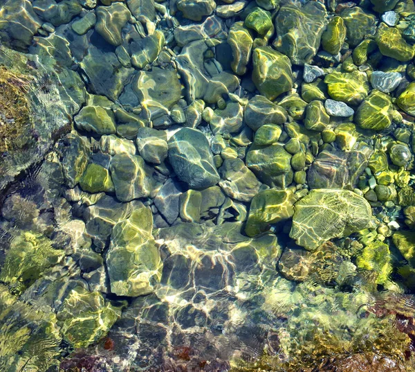 Yeşil Yuvarlak Taş Taban Denizdeki Berrak Suyun Içinden Görünüyor — Stok fotoğraf