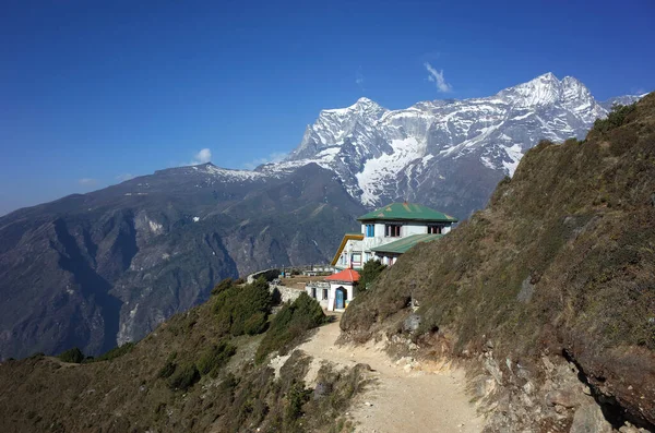 Himalaya Gebirgslandschaft Mit Pfad Zum Gästehaus Versteckt Halb Hinter Grünem — Stockfoto