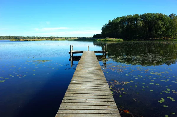 穏やかな水とスウェーデン スカンディナヴィア ヨーロッパの青い空を持つ湖の木製の橋 VastmanlandのMalare湖の静かな屋外イメージ — ストック写真