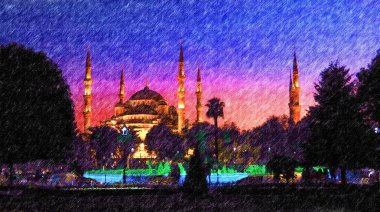 İstanbul, Mavi Cami 'nin Gece Renkli Kalem Çizimi, Dijital Sanat