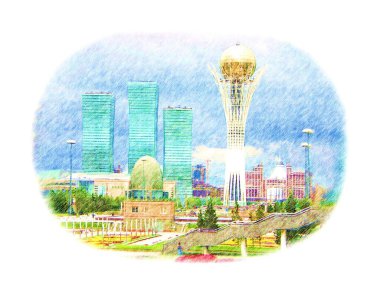 Astana 'daki Bayterek Kulesi, Nur-Sultan. Kazakistan 'ın sembolü. Renkli kalem çizimi Dijital sanat