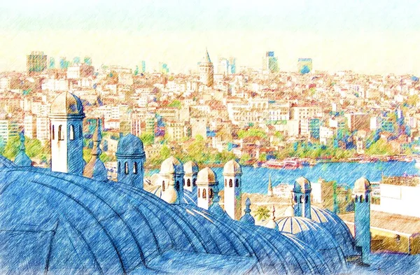 Dibujo Lápiz Color Vista Estambul Través Cúpulas Chimeneas Del Complejo — Foto de Stock