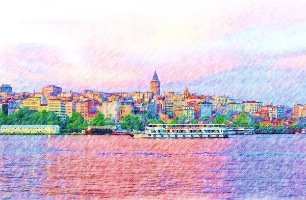 博斯普鲁斯海峡伊斯坦布尔城市景观彩绘铅笔与土耳其地标塔 数字艺术 — 图库照片