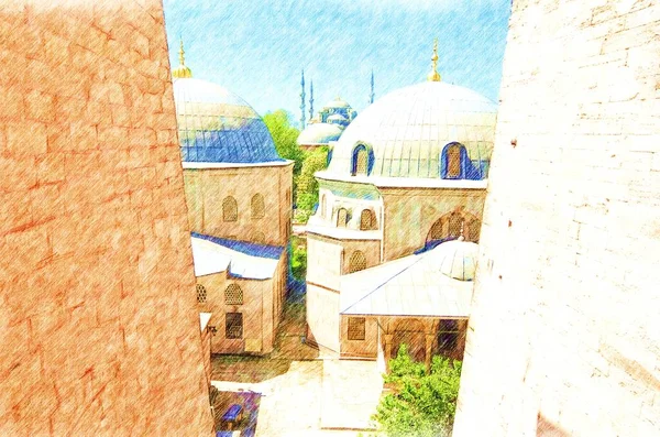 イスタンブール建築 ハギア ソフィア モスクの中庭とドーム ブルー モスクを背景にした色彩の鉛筆画 デジタル アート — ストック写真