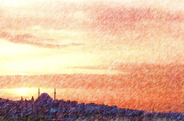 Silueta Ciudad Estambul Con Mezquita Atardecer Dibujo Lápiz Colores Arte —  Fotos de Stock