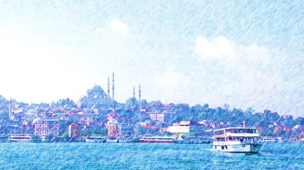 Стамбул Цветной Карандашный Рисунок Пролива Босфор Видом Мечеть Сулеймание Цифровое — стоковое фото