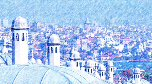 Dibujo Lápiz Color Vista Estambul Través Cúpulas Chimeneas Del Complejo — Foto de Stock